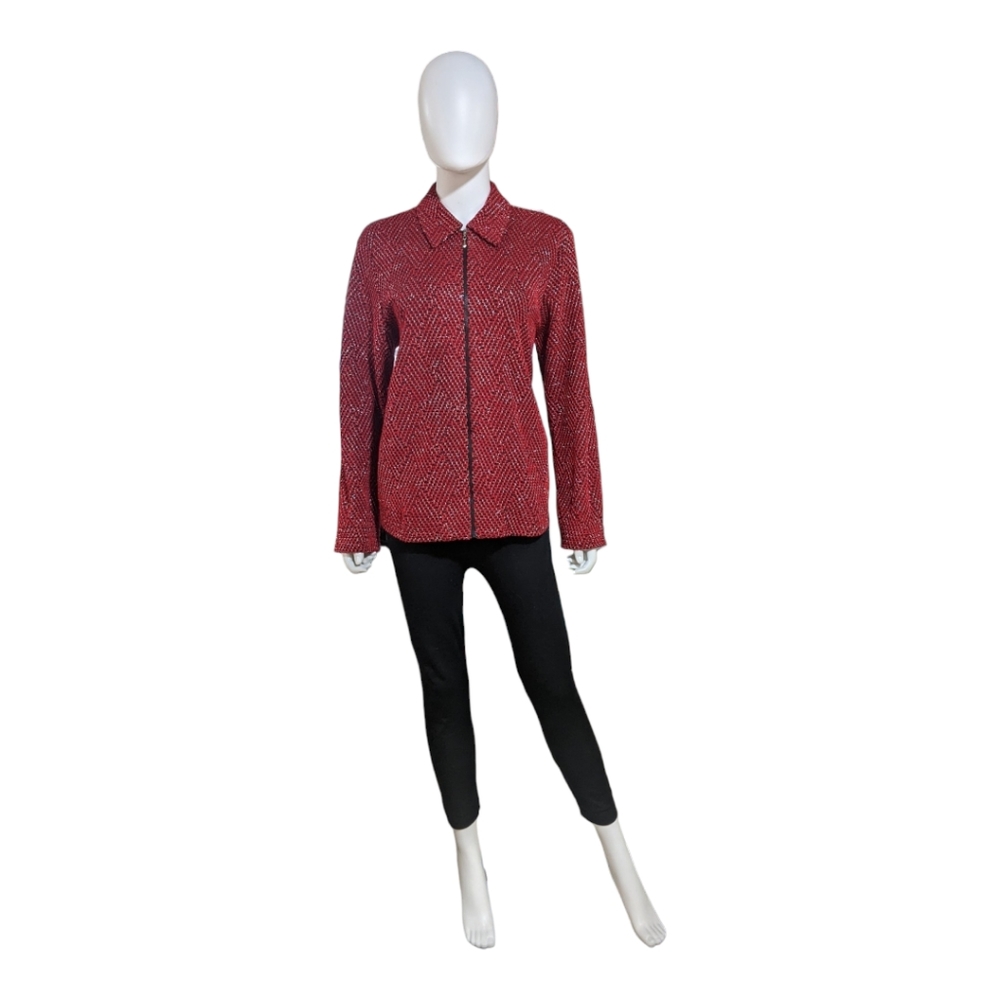 Alfred Dunner Red w Silver Lurex Thread Full Zip Jacket , 8